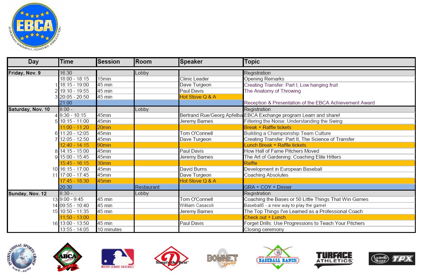 Schedule for 15th EBCA Convention 2018