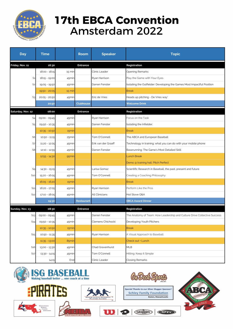 Schedule for 17th EBCA Convention 2022