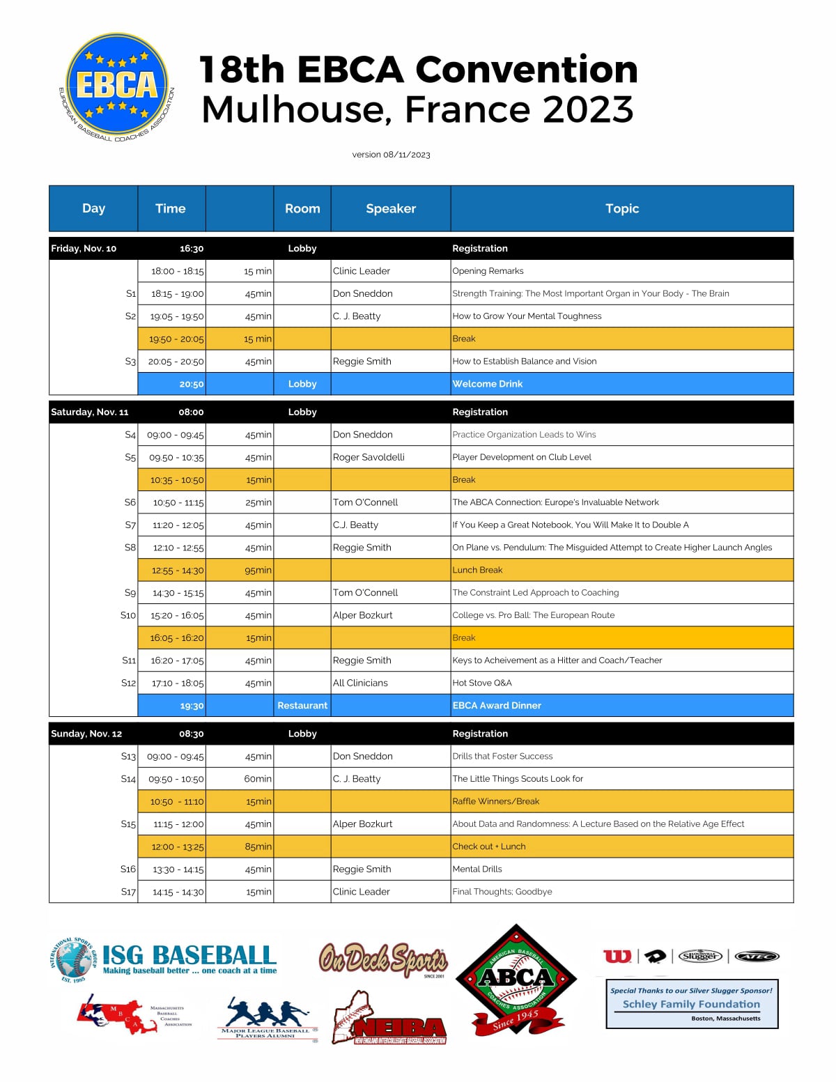 Schedule for 18th EBCA Convention 2023