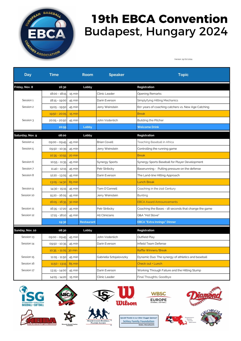 Schedule for 19th EBCA Convention 2024